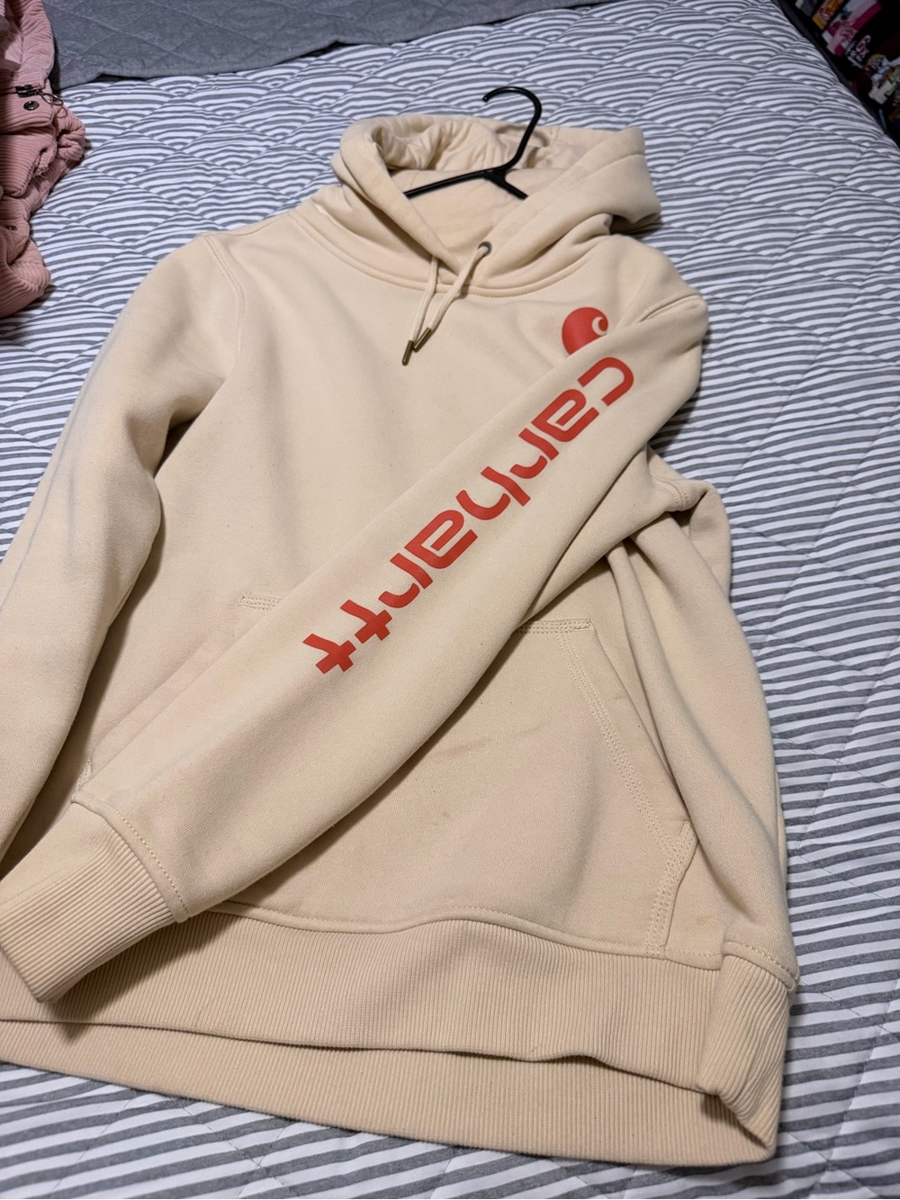 Carhartt Women's Hoodie in Cream with Red Logo
